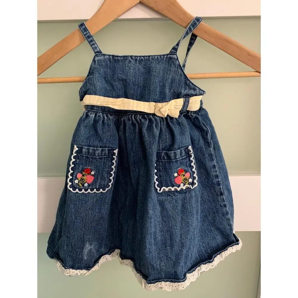 Gymboree Vintage Denim Jumper Dress Embroidered Floral Blue 12-18 Mos.